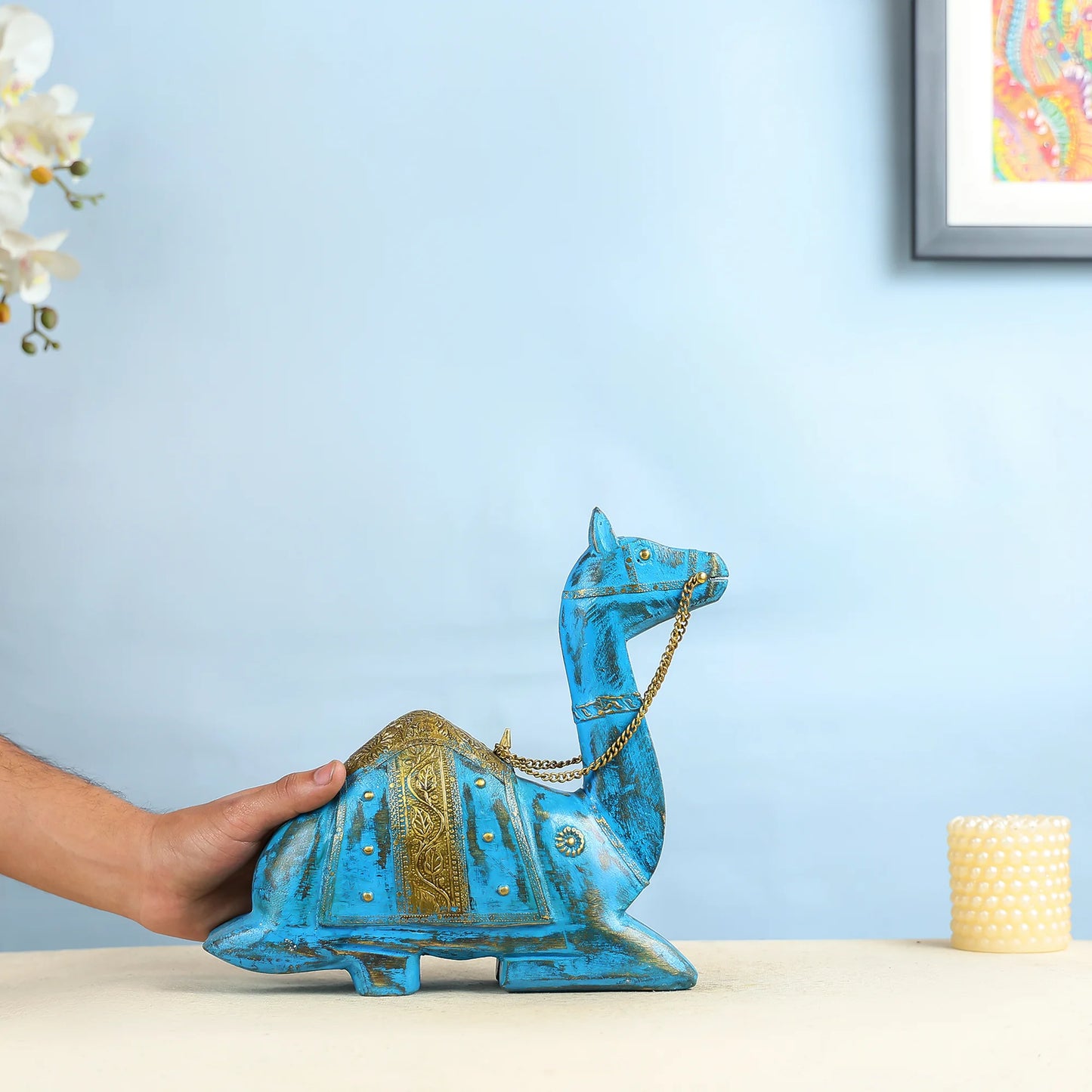 Royal Blue Handcrafted Camel Figurine With Gold Accents