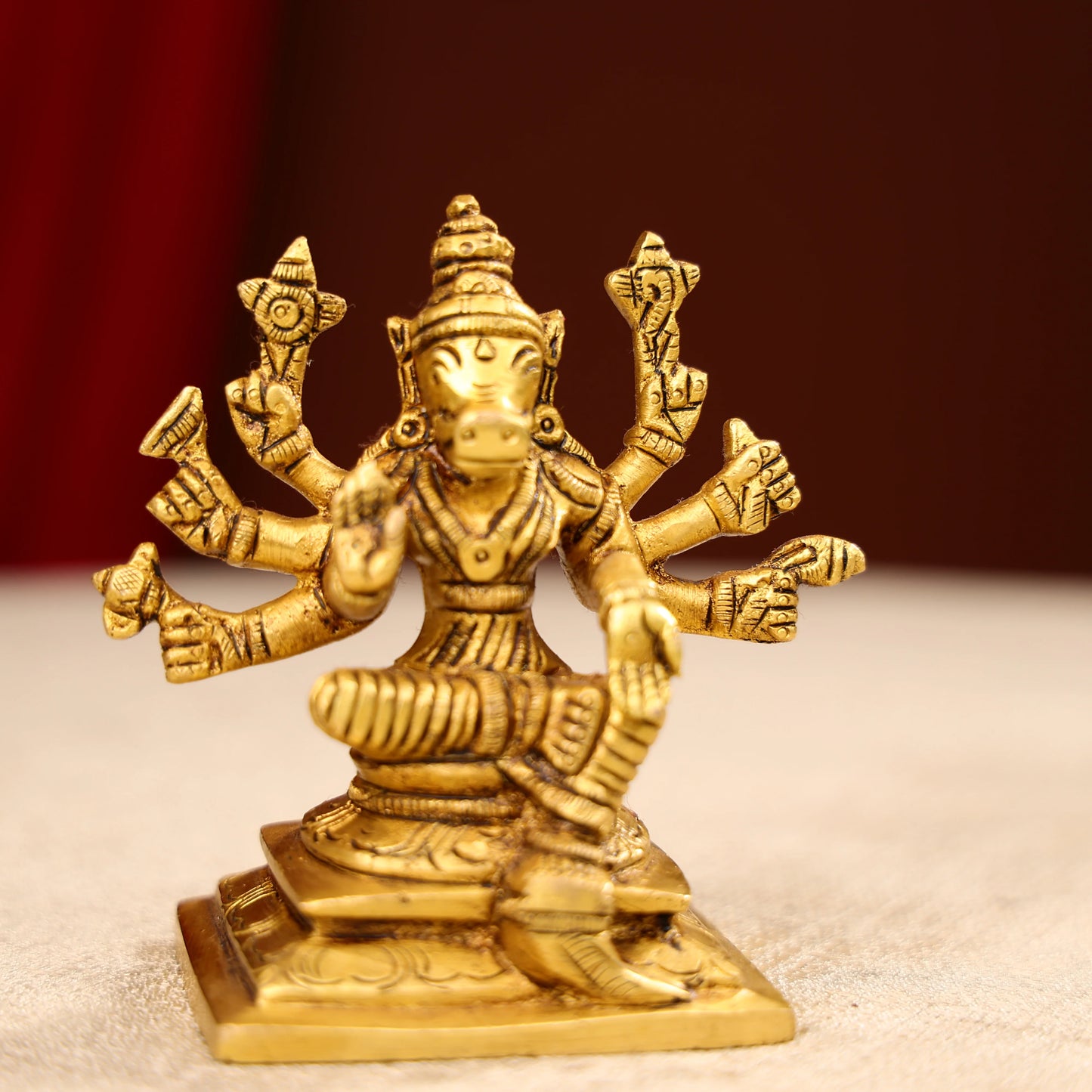 4" Super Fine Brass Goddess Varahi Amman Idol Seated on Pedestal