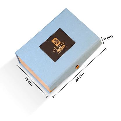 Light blue fabric box with dimensions and 'Ethnic Roots' branding on a white background
