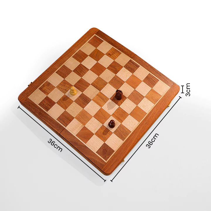 Wooden checkers board with pieces and dimensions on a white background