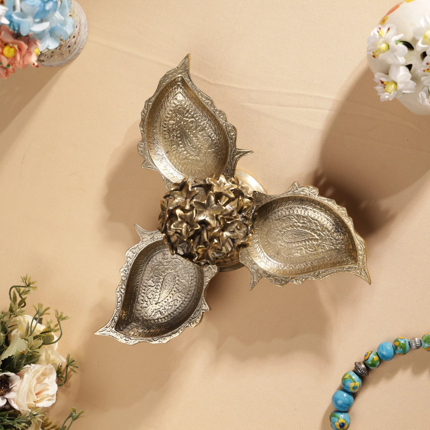 Antique Finish Brass Jasmine Flower Centred Tri Bowl Platter