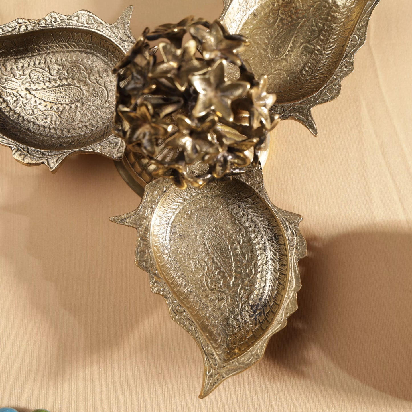 Antique Finish Brass Jasmine Flower Centred Tri Bowl Platter