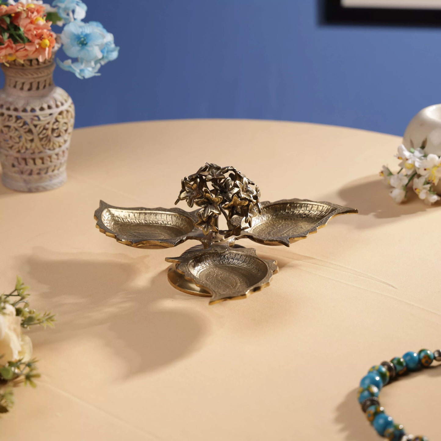 Antique Finish Brass Jasmine Flower Centred Tri Bowl Platter