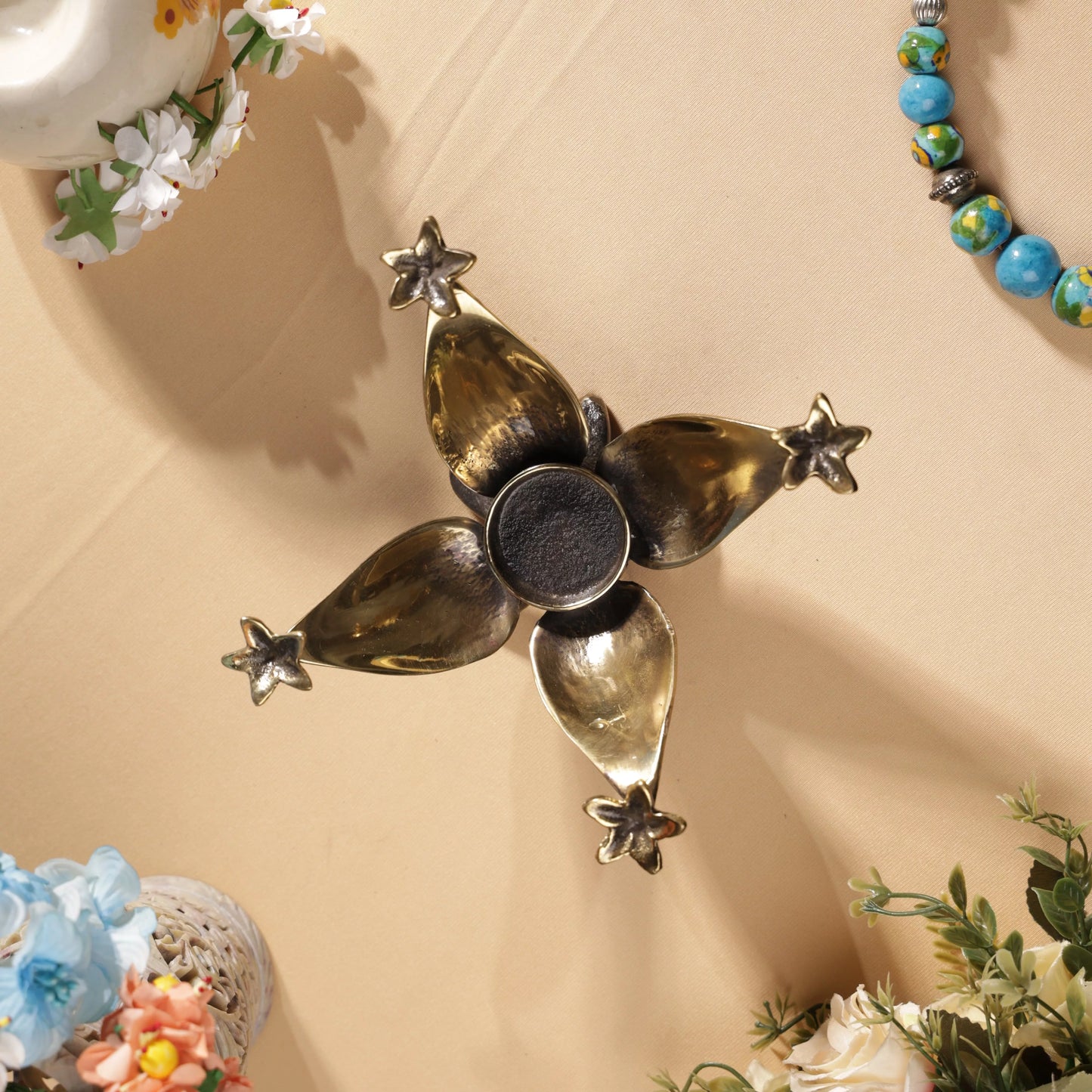 Antique Finish Brass Lotus & Jasmine Flowers T-Light Candle Holder