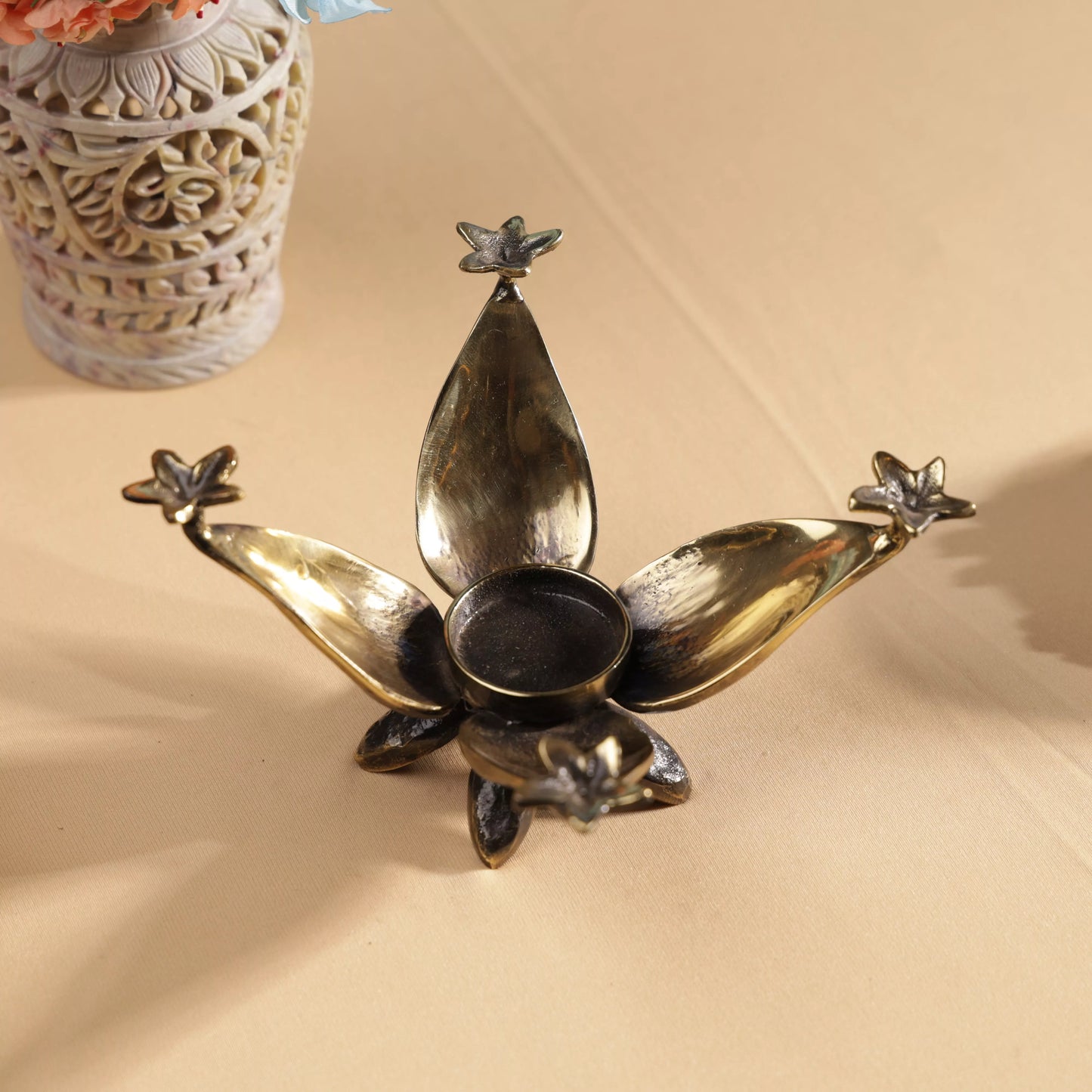 Antique Finish Brass Lotus & Jasmine Flowers T-Light Candle Holder