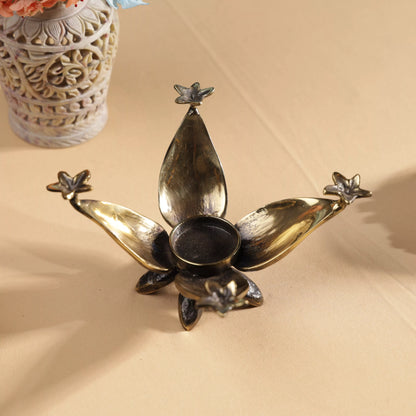Antique Finish Brass Lotus & Jasmine Flowers T-Light Candle Holder