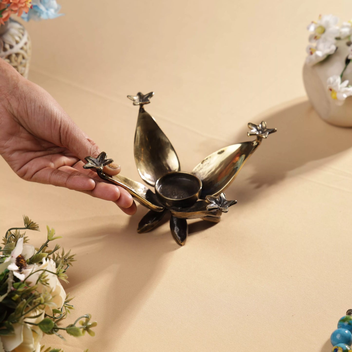 Antique Finish Brass Lotus & Jasmine Flowers T-Light Candle Holder