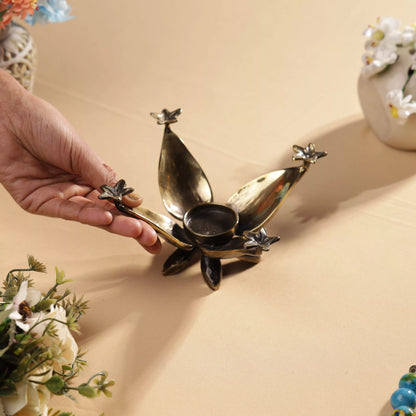 Antique Finish Brass Lotus & Jasmine Flowers T-Light Candle Holder