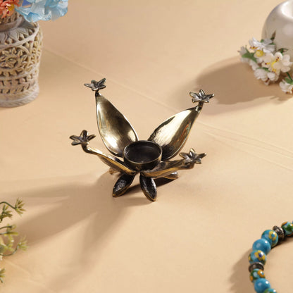 Antique Finish Brass Lotus & Jasmine Flowers T-Light Candle Holder