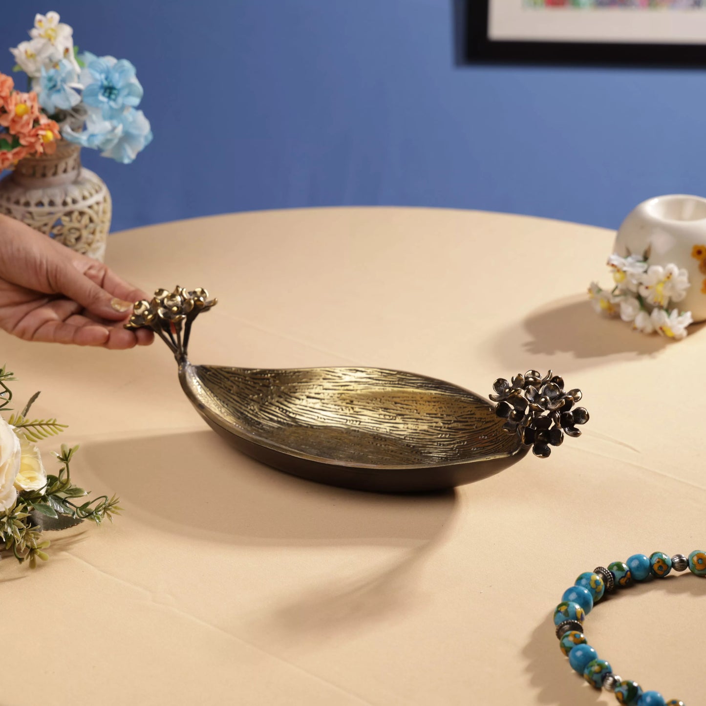 Antique Finish Brass Pulmeria Flower Edged Oval Platter