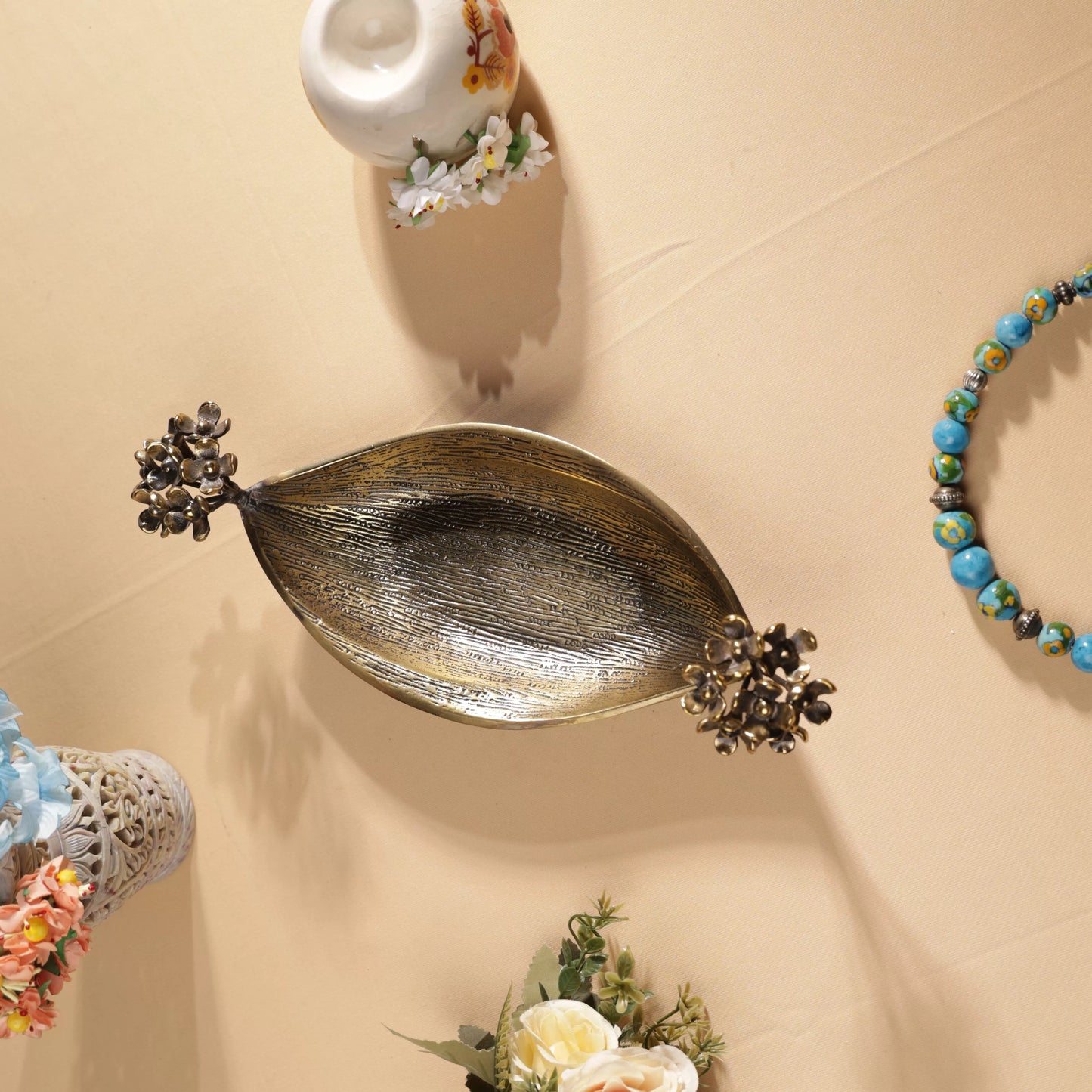 Antique Finish Brass Pulmeria Flower Edged Oval Platter