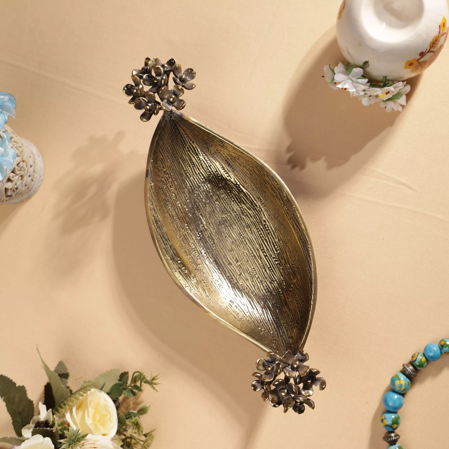 Antique Finish Brass Pulmeria Flower Edged Oval Platter