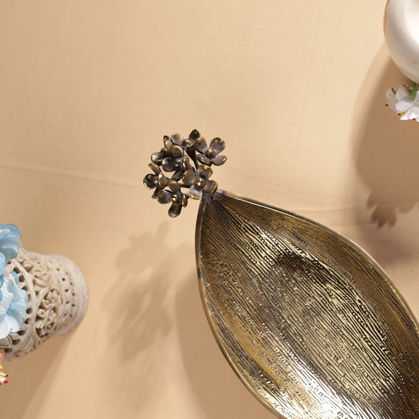 Antique Finish Brass Pulmeria Flower Edged Oval Platter