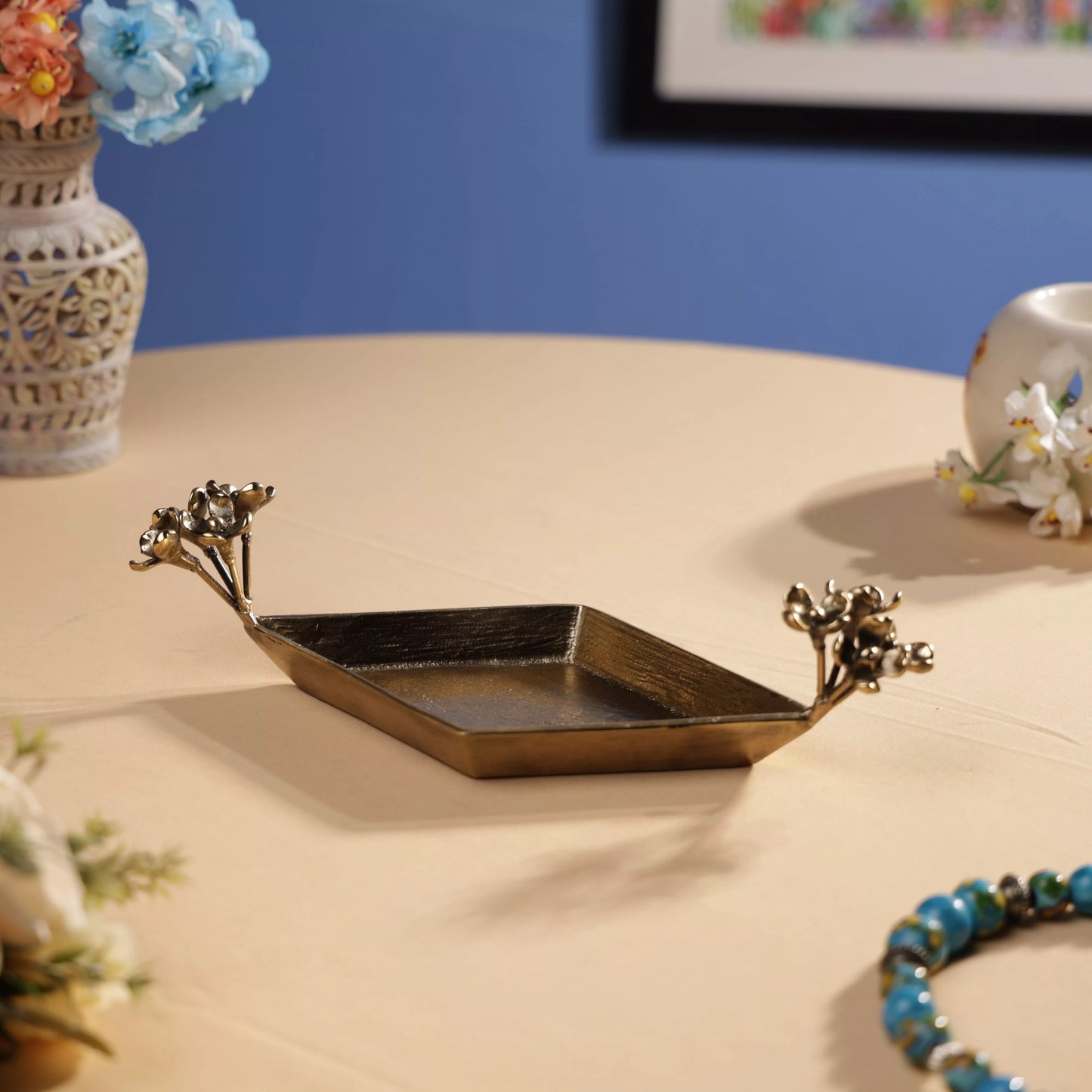 Antique Finish Brass Pulmeria Flower Edged Rhombus Platter