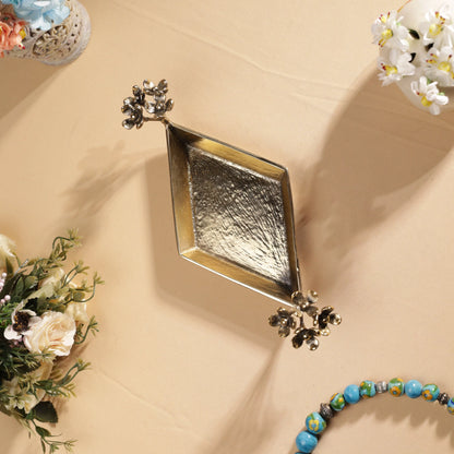 Antique Finish Brass Pulmeria Flower Edged Rhombus Platter