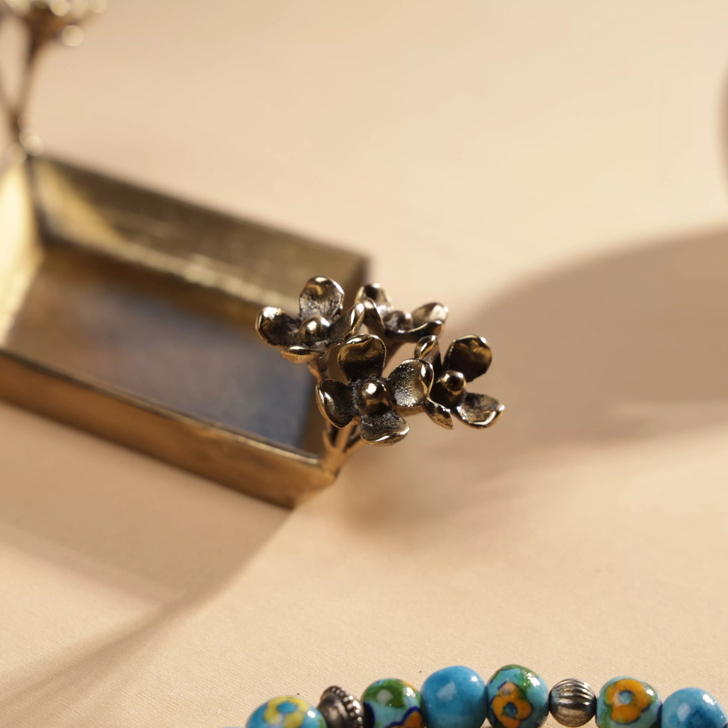 Antique Finish Brass Pulmeria Flower Edged Rhombus Platter