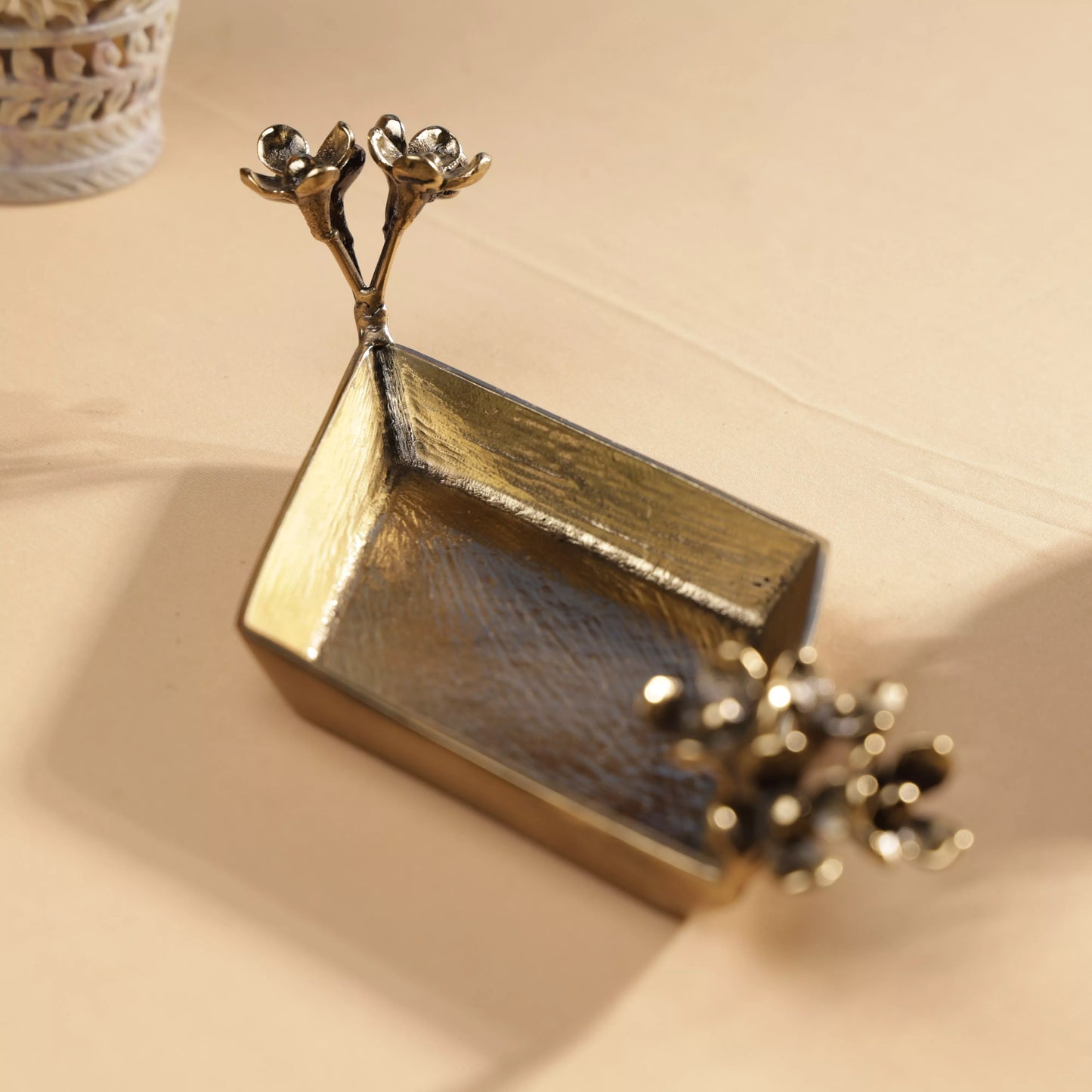 Antique Finish Brass Pulmeria Flower Edged Rhombus Platter