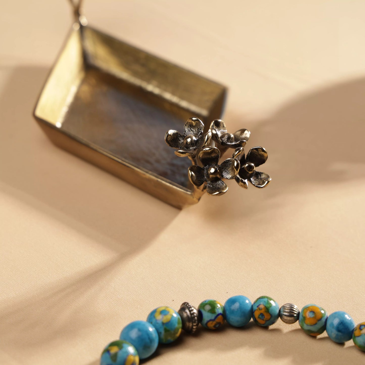 Antique Finish Brass Pulmeria Flower Edged Rhombus Platter