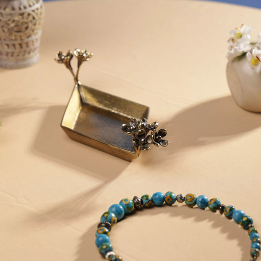 Antique Finish Brass Pulmeria Flower Edged Rhombus Platter