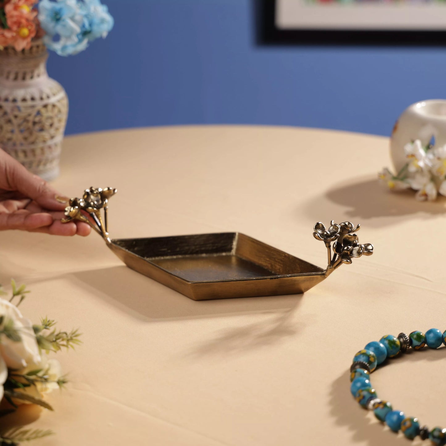 Antique Finish Brass Pulmeria Flower Edged Rhombus Platter