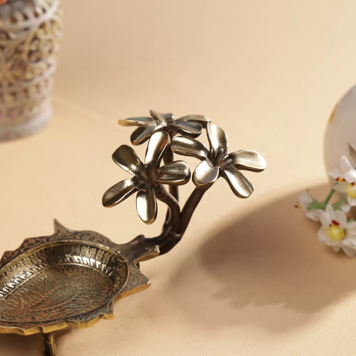 Antique Finish Brass Pulmeria Flower T-Light Candle Holder