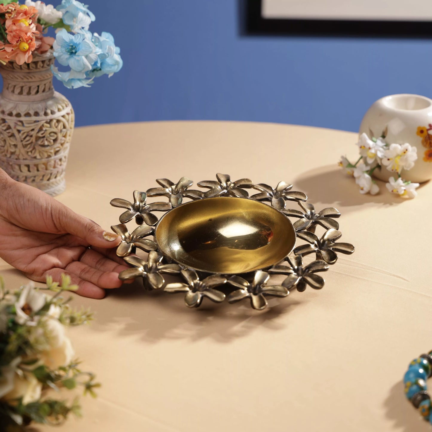 Antique Finish Brass Pulmeria Flower Taper Urli