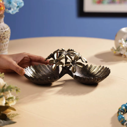 Antique Finsh Brass Pulmeria Flower Bunch Dual Bowl Platter