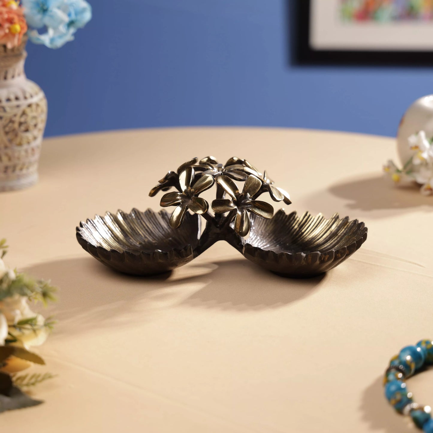 Antique Finsh Brass Pulmeria Flower Bunch Dual Bowl Platter