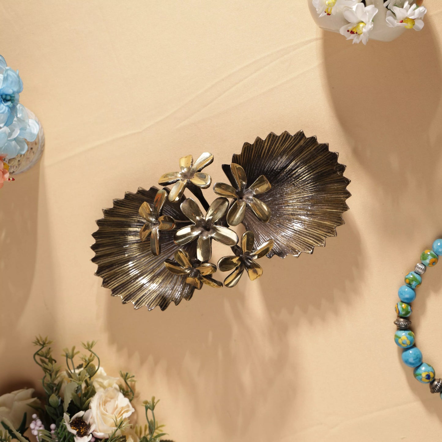 Antique Finsh Brass Pulmeria Flower Bunch Dual Bowl Platter