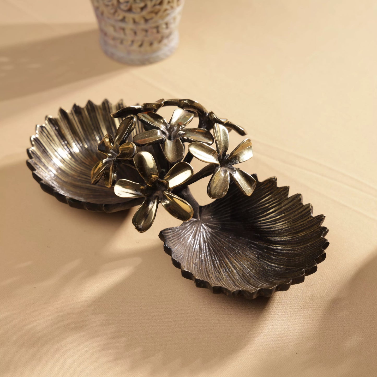 Antique Finsh Brass Pulmeria Flower Bunch Dual Bowl Platter