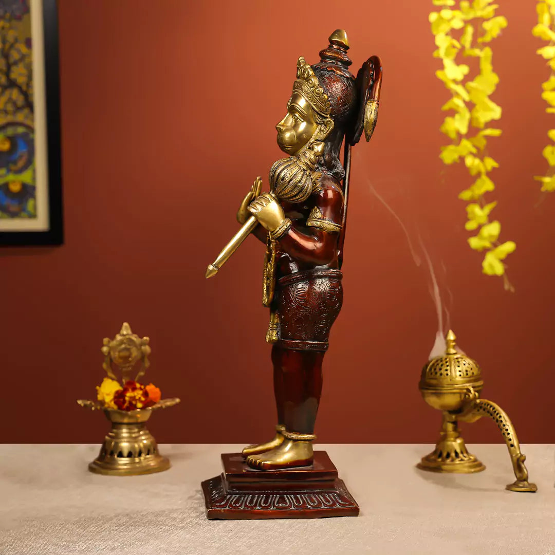 Coloured Brass Hanuman Idol Standing on Pedestal Antique Finish - Large 22 Inch