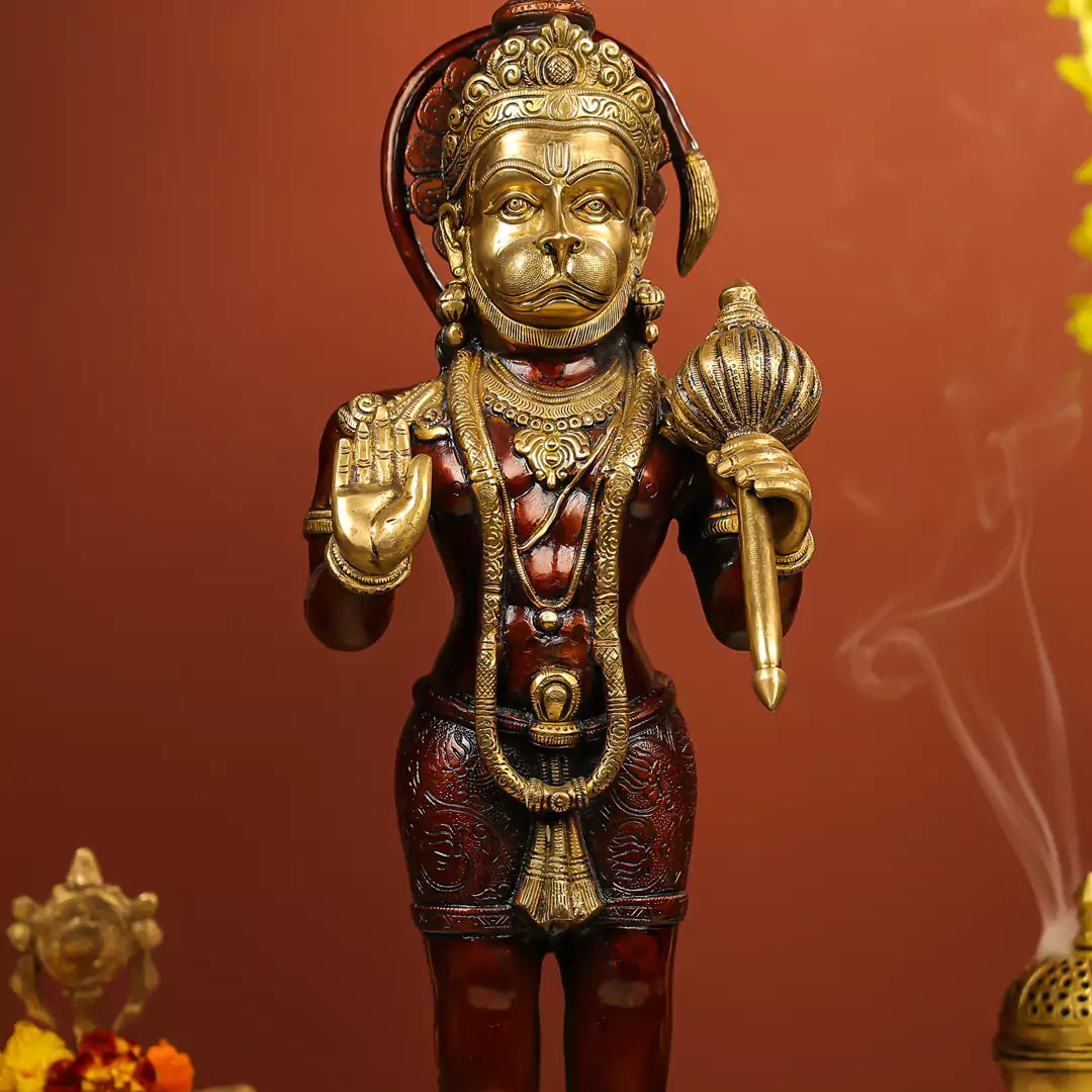 Coloured Brass Hanuman Idol Standing on Pedestal Antique Finish - Large 22 Inch