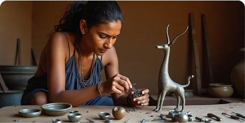 Woman working on a ceramic sculpture with various pottery items around her.