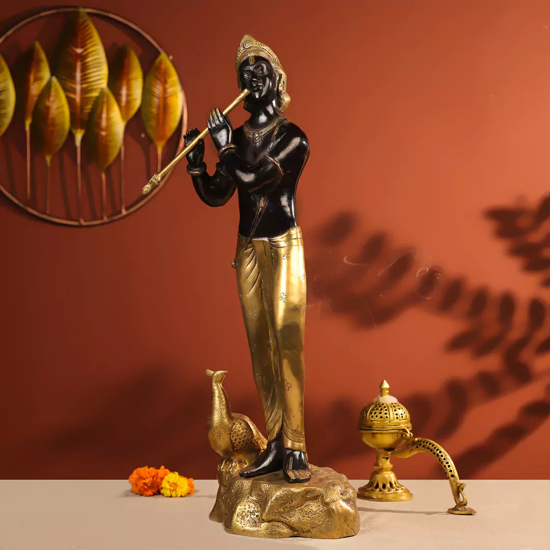 Coloured Brass Krishna Idol Fluting in Standing Pose with A Peacock on The Rock 29 Inch