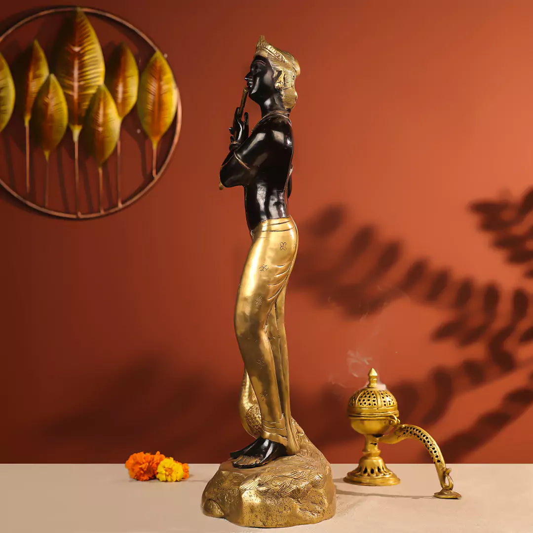 Coloured Brass Krishna Idol Fluting in Standing Pose with A Peacock on The Rock 29 Inch