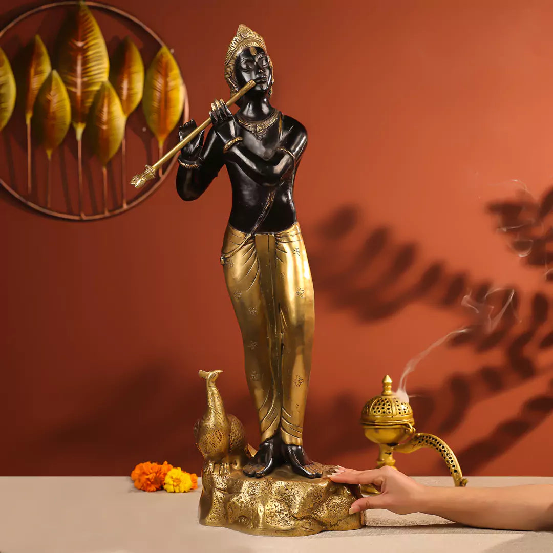 Coloured Brass Krishna Idol Fluting in Standing Pose with A Peacock on The Rock 29 Inch