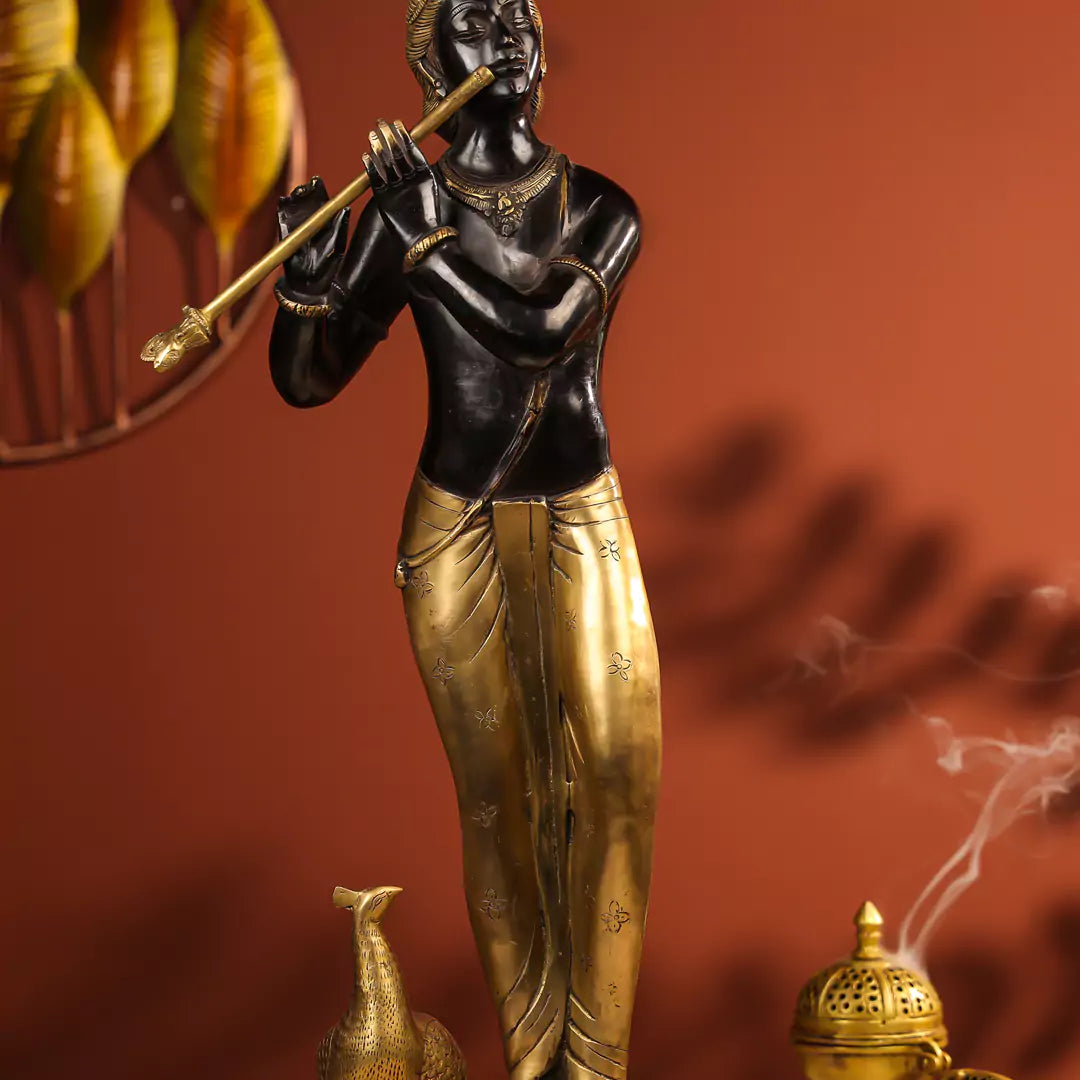 Coloured Brass Krishna Idol Fluting in Standing Pose with A Peacock on The Rock 29 Inch