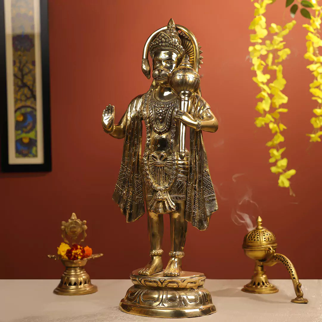 Brass Hanuman Idol Standing on Pedestal Black Antique Finish - Large 27 Inch