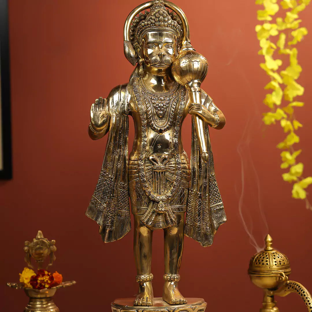 Brass Hanuman Idol Standing on Pedestal Black Antique Finish - Large 27 Inch