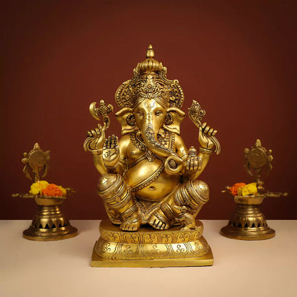 Brass Lord Ganesha Idol Seated on Designer Oval Base - Large 16 Inch