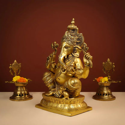 Brass Lord Ganesha Idol Seated on Designer Oval Base - Large 16 Inch