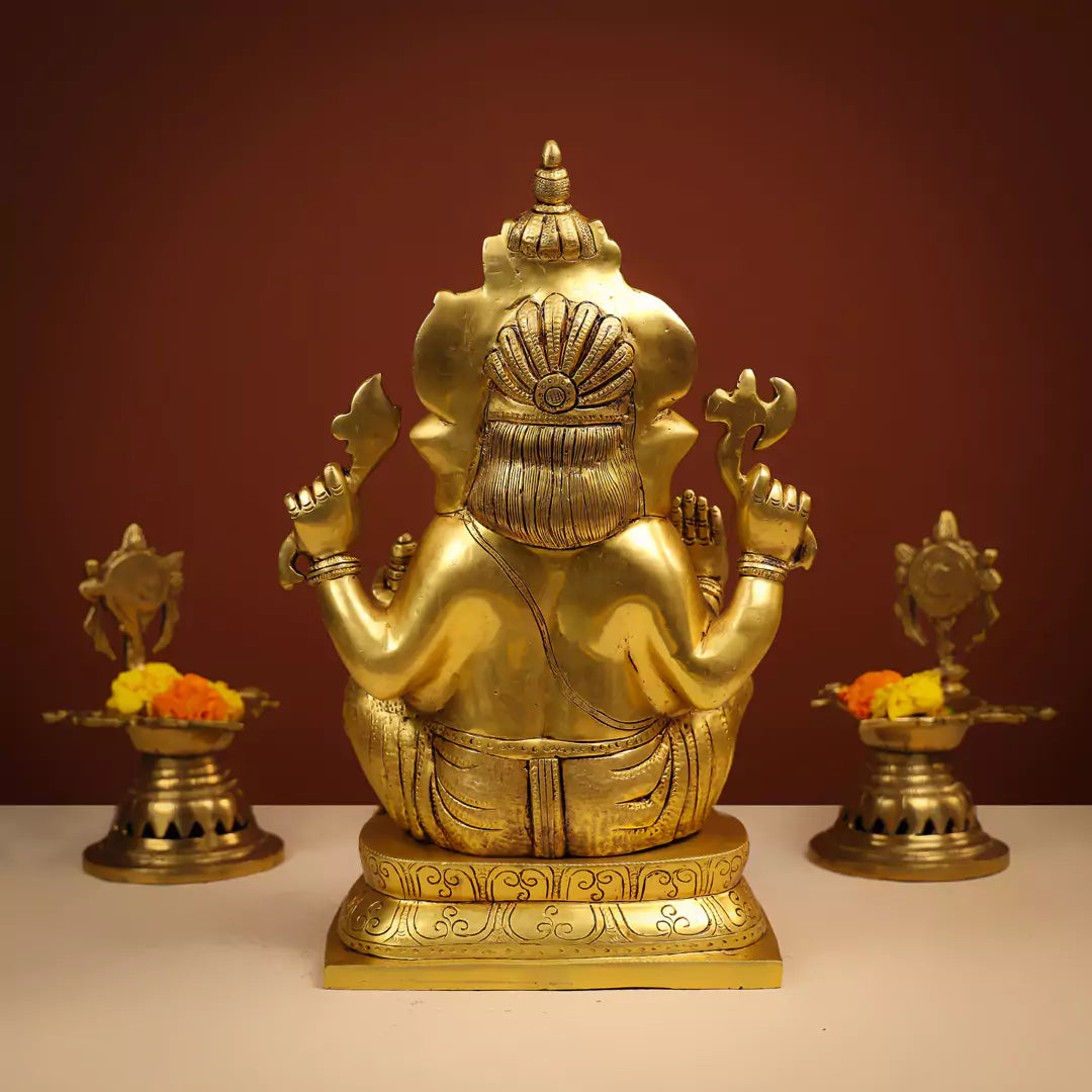 Brass Lord Ganesha Idol Seated on Designer Oval Base - Large 16 Inch