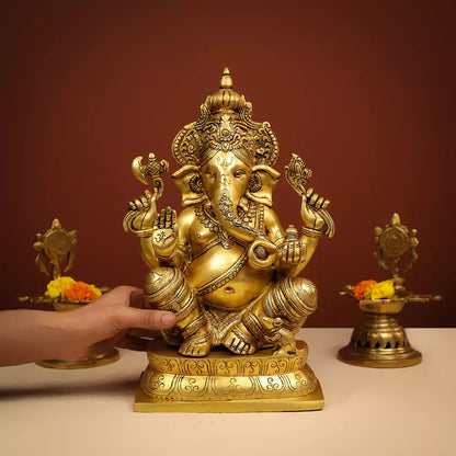 Brass Lord Ganesha Idol Seated on Designer Oval Base - Large 16 Inch