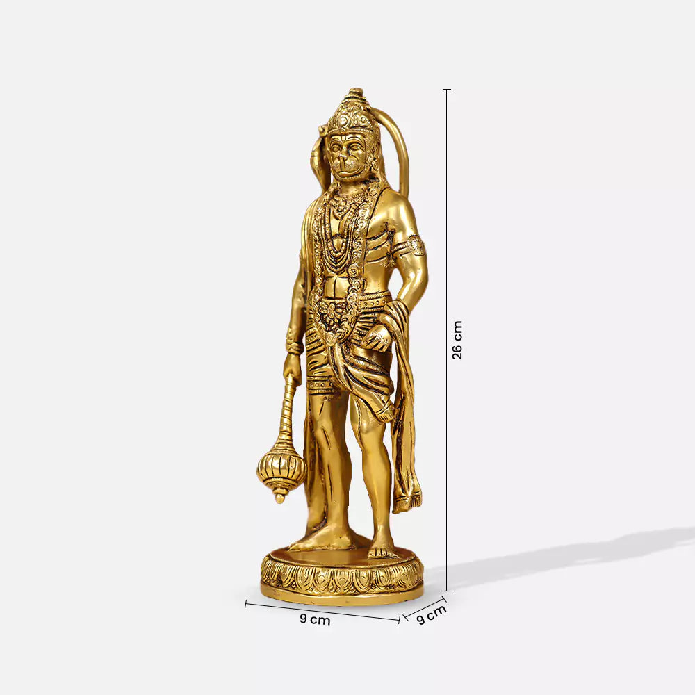 10" Brass Lord Hanuman Idol Standing On Round Base
