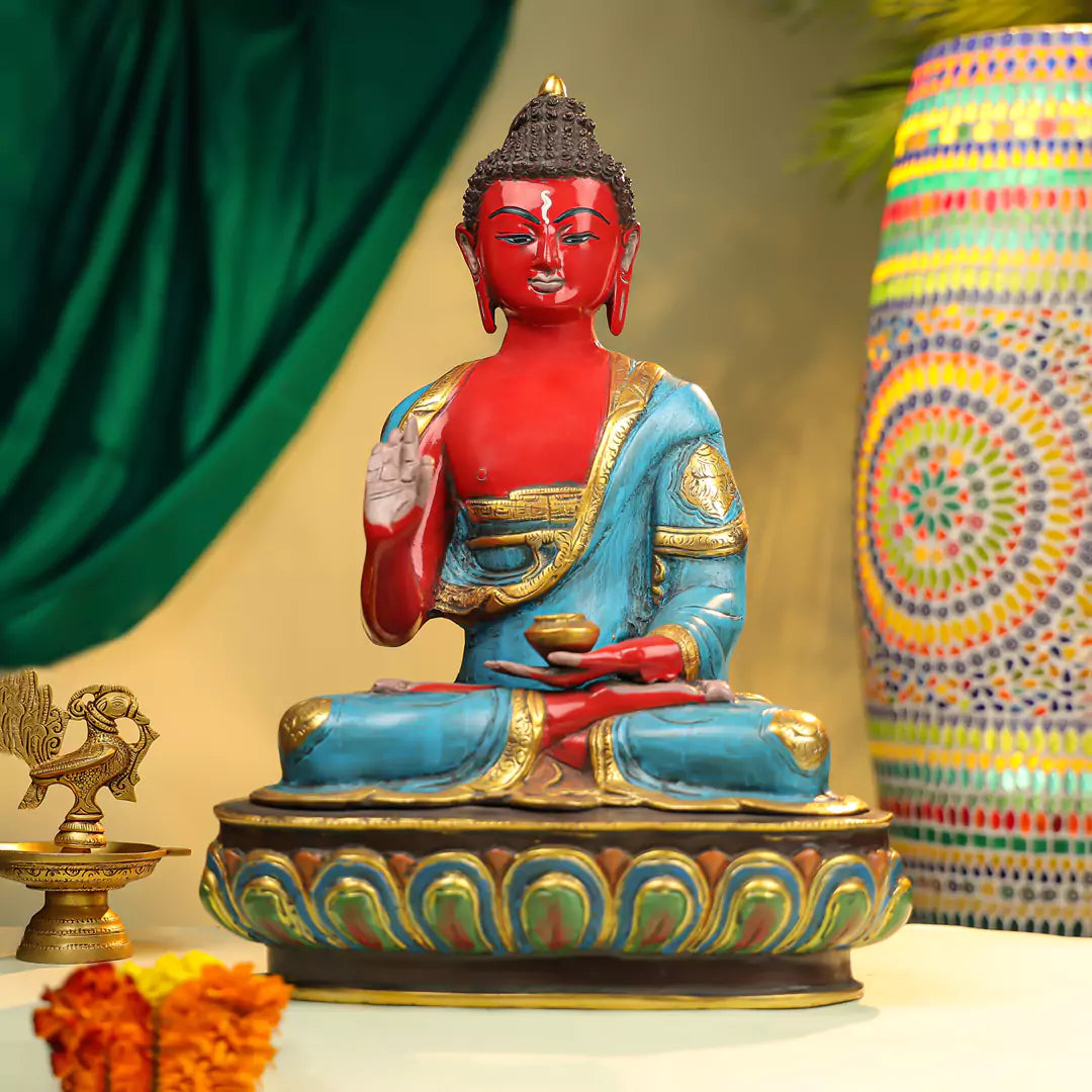 Coloured Brass Lord Buddha Seated Idol on Lotus Base 17"