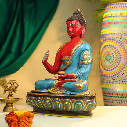 Coloured Brass Lord Buddha Seated Idol on Lotus Base 17"