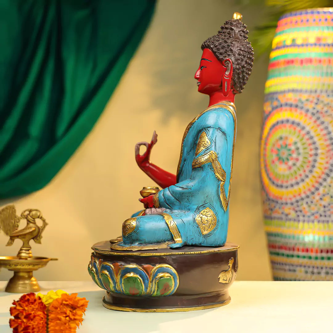 Coloured Brass Lord Buddha Seated Idol on Lotus Base 17"