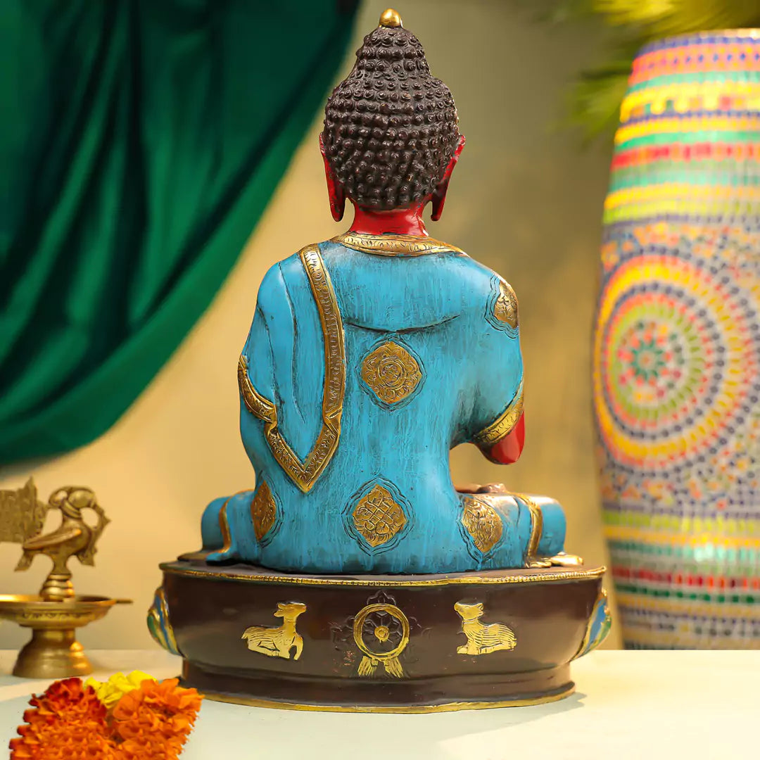 Coloured Brass Lord Buddha Seated Idol on Lotus Base 17"