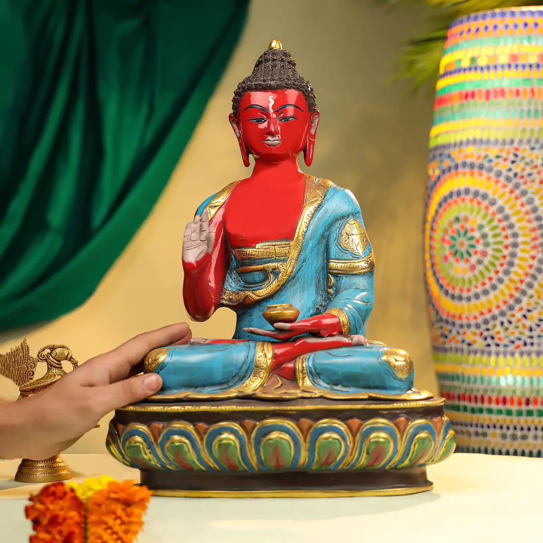 Coloured Brass Lord Buddha Seated Idol on Lotus Base 17"