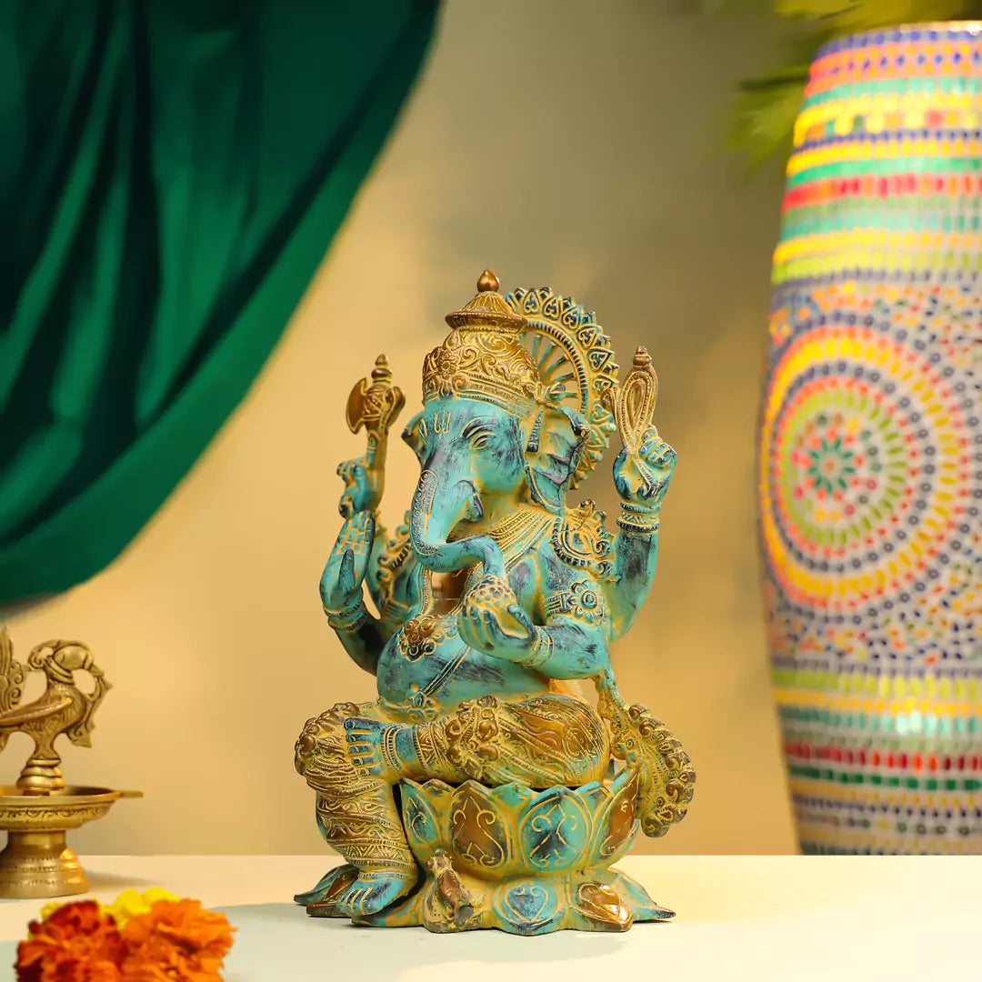 Coloured Brass Lord Ganesha Idol Antique Finish 13 Inch